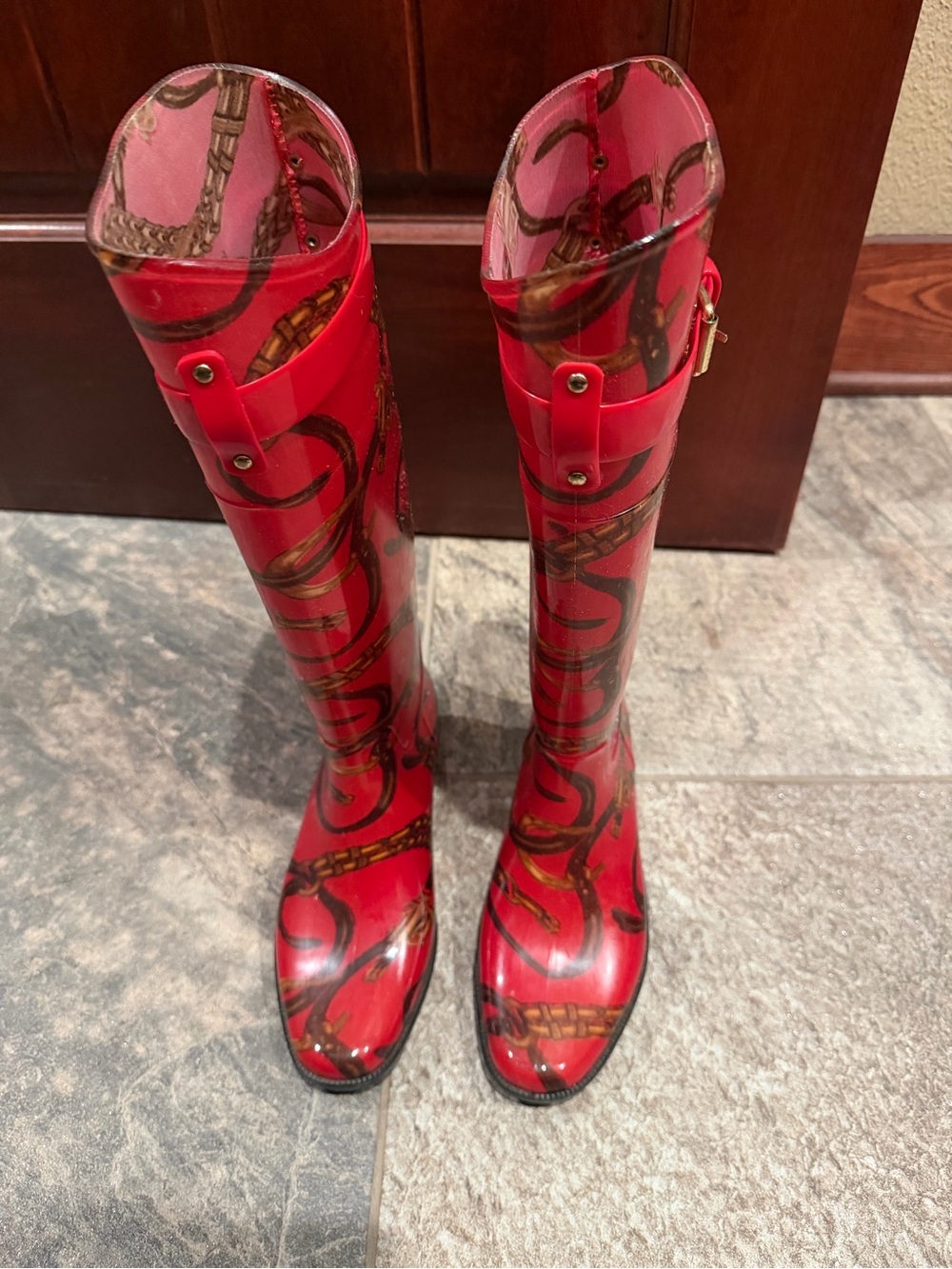 Ralph Lauren Red Printed Knee-High Rain Boots